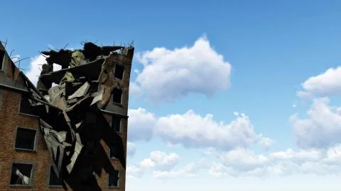 Destroyed brick multistory building and cloudy sky Stock Illustration