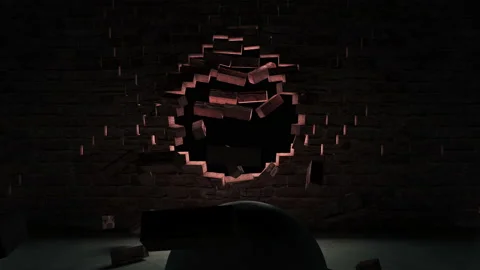 Destroyed brick wall by Concrete Sphere at dark background Stock Footage 145336105