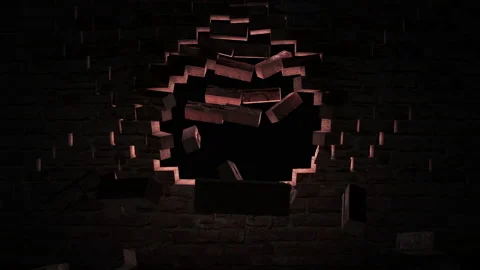 Destroyed brick wall at dark background. 4K Animation Stock Footage 145336095