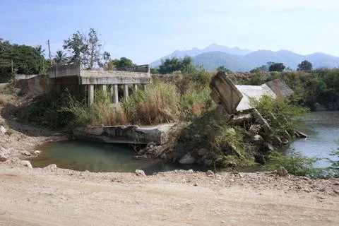 Destroyed of bridge from the heavy flood Stock Photos
