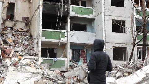 A destroyed building after a rocket attack in ukrainian city Chernihiv. Stock Footage 182596239