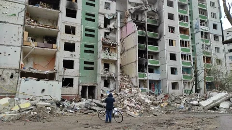 A destroyed building after a rocket attack in ukrainian city Chernihiv. Stock Footage 183496121
