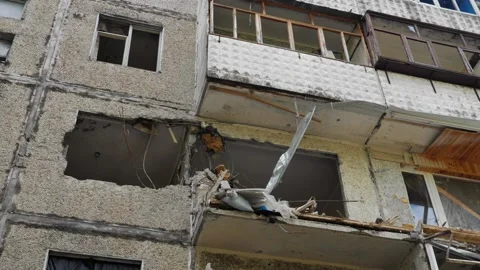 A destroyed building after a rocket attack Stock Footage 195838762