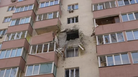 Destroyed building after rocket attack in Kyiv, Ukraine Stock Footage 260738182