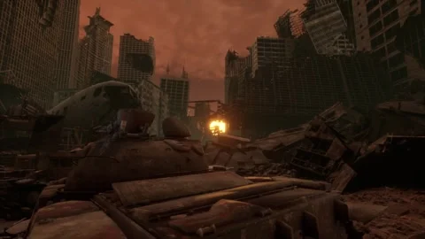 Destroyed Building and Army Tank Apocalyptic City Red Sky Stock Footage 337813751