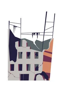 Destroyed building, damaged structure cartoon Ilustración de archivo