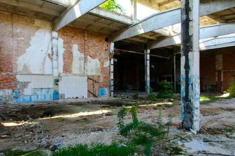 The destroyed building of the factory workshop, which worked for the defense Stock Photos