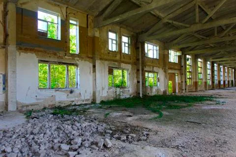 The destroyed building of the factory workshop, which worked for the defense Stock Photos