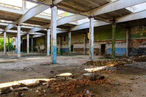 The destroyed building of the factory workshop, which worked for the defense Stock Photos