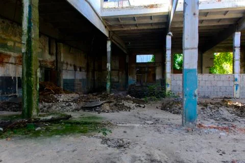 The destroyed building of the factory workshop, which worked for the defense Stock Photos