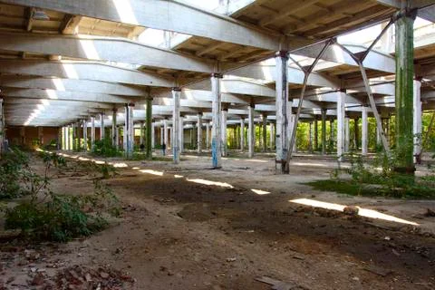 The destroyed building of the factory workshop, which worked for the defense Stock Photos