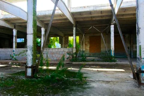 The destroyed building of the factory workshop, which worked for the defense Stock Photos