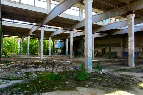 The destroyed building of the factory workshop, which worked for the defense Stock Photos