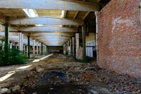 The destroyed building of the factory workshop, which worked for the defense Stock Photos