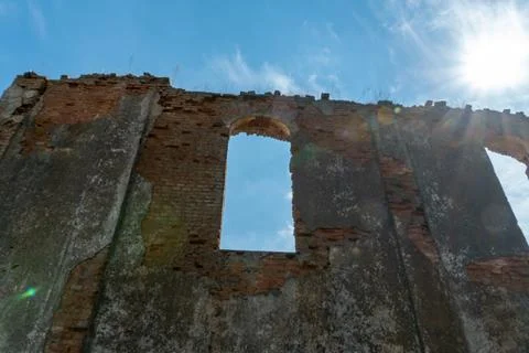 Destroyed building. Red brick castle built in the last century. Historical va Stock Photos