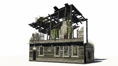 Destroyed building - ruin - on white background Ilustración de archivo