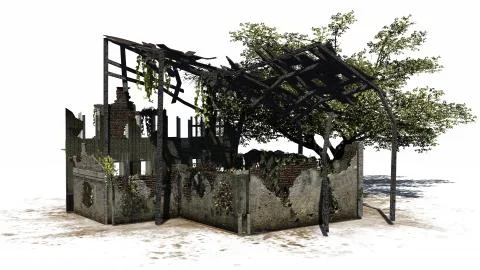 Destroyed building - ruin - on white background Ilustración de archivo