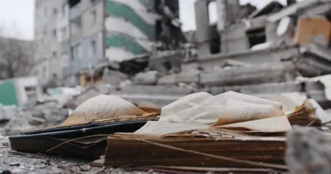 Destroyed buildings after attacks. War in Ukraine, russian invasion. Stock Footage 222962499