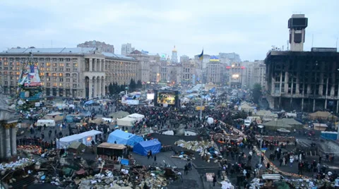 Destroyed buildings after fire during Euro maidan meeting in Kiev, Ukraine. Stock Footage 35867331