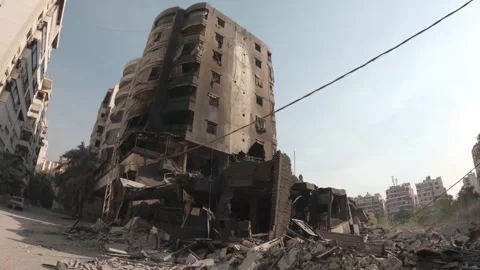Destroyed buildings and completely burned buildings as a result of the Israe Stock Footage 289846468