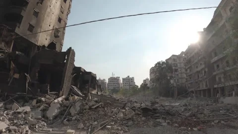 Destroyed buildings and completely burned buildings as a result of the Israe Video stock 289846474