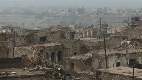 Destroyed buildings and rubble in a war torn city Stock Footage 330567830