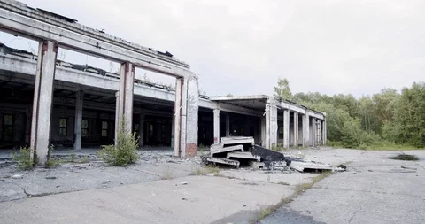 Destroyed buildings, former soviet military base Stock Footage