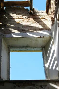 Destroyed ceiling and window in castle Stock Photos