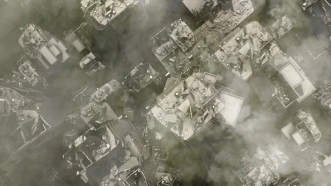 Destroyed city after war or earthquake, aerial top down view. Stock Footage 266654078