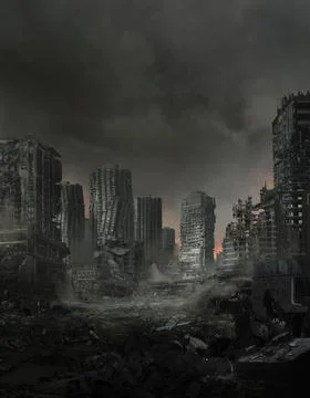 Destroyed City with Red Sunset Illustration
