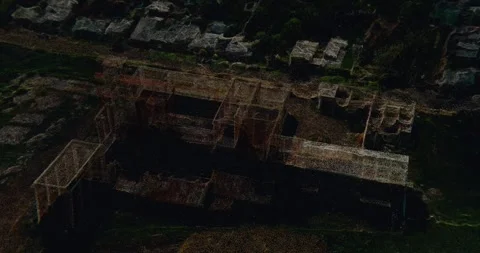 Destroyed factory in 3d points cloud style, 360 drone view Stockbeeldmateriaal 246884900