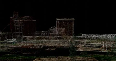 Destroyed factory in 3d wireframe style, 360 drone view Stockbeeldmateriaal 246884790