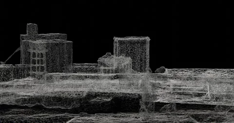 Destroyed factory in 3d wireframe style, 360 drone view Stockbeeldmateriaal 246884835