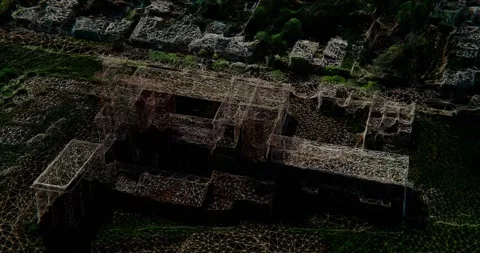 Destroyed factory in 3d wireframe style, 360 drone view Stockbeeldmateriaal 246884871