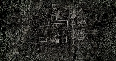 Destroyed factory in 3d wireframe style from bird view Stockbeeldmateriaal 246884969