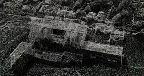 Destroyed factory in 3d wireframe style, 360 drone view Stockbeeldmateriaal 246884986