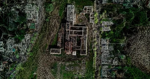 Destroyed factory in 3d wireframe style from bird view Stockbeeldmateriaal 246885085