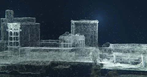 Destroyed factory in bright 3d points cloud style, 360 drone view Stockbeeldmateriaal 246884945