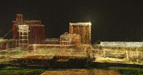 Destroyed factory in bright 3d points cloud style, 360 drone view Stockbeeldmateriaal 246885011