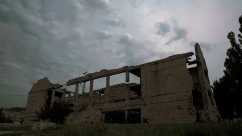 Destroyed by fire and air raids building. The war kills Stock Footage 89498548