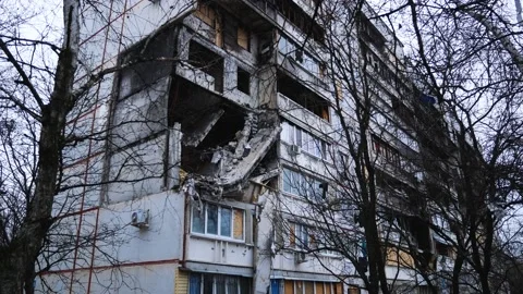 Destroyed by the hit of Russian shells and missiles residential building in the Stock Footage 230449162