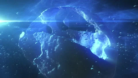 Destroyed Hollow planet in deep space with asteroids and sun flares Stock Footage 163865796