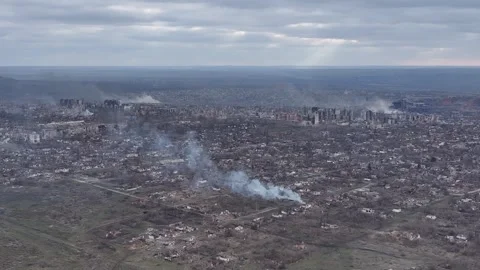 Destroyed Homes and Fires in Toretsk, Donbas, Ukraine - Drone View, March 2025 Stockbeeldmateriaal 302707676