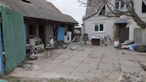Destroyed house after bomb attacks in Ukraine. Ukraine war. Stock Footage 244049040