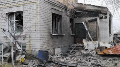 Destroyed house after bomb attacks in Ukraine. Ukraine war. Stock-Footage 244049353