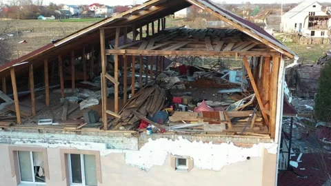 Destroyed house after bomb attacks in Ukraine. Ukraine war. Velyka Dymerka, Kyiv Stock Footage 244333318