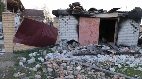 Destroyed house after bomb attacks in Ukraine. Ukraine war. Velyka Dymerka, Kyiv Stock Footage 246865712