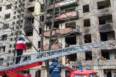 Destroyed house after a rocket attack in Kyiv, Ukraine Stock Photos
