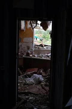 Destroyed houses after fires and artillery and bombs during russia's invasion of Stock Photos