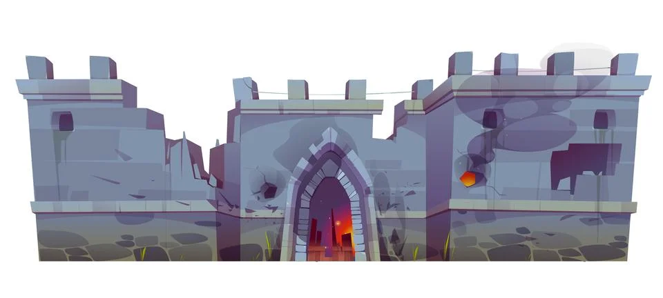 Destroyed medieval castle wall with broken gate Stock Illustration